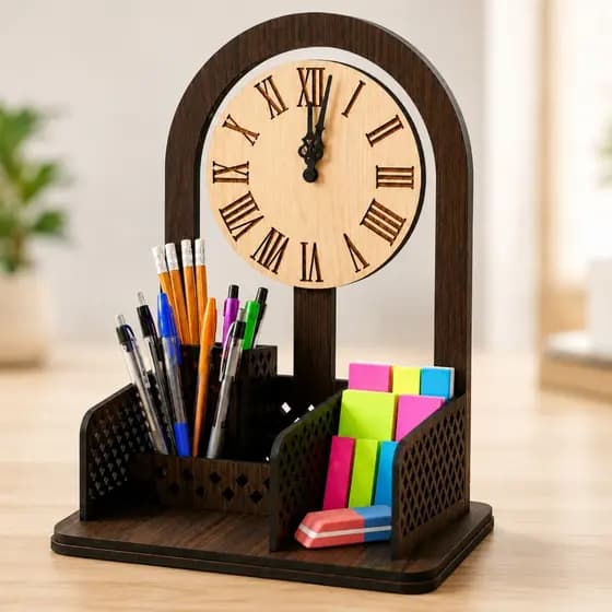 Relógio de Mesa com Organizador Porta Canetas em MDF Decorativo para Escritório Home Office Quarto Presente Criativo