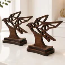 Conjunto Beija-Flor Decorativo Origami 2 Peças MDF Imbuia 6mm Escultura Moderna Enfeite Sala Escritório