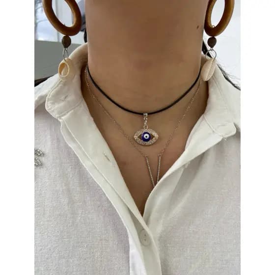 Choker Colar em couro sintético preto, Pingente olho Grego Cravejado em Cristais