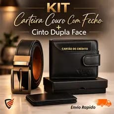 Carteira Masculina 100% Couro com Fecho + Cinto Social Dupla Face com Fivela Giratória | Presente