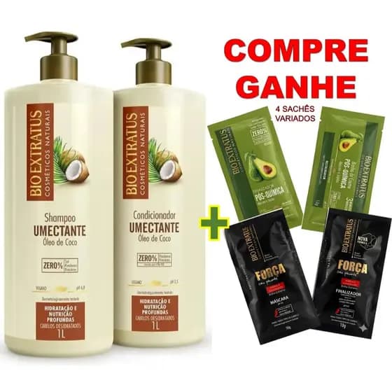 KIT UMECTANTE CÔCO GRANDE BIO EXTRATUS:  SH 1L + COND 1L + 🎁BRINDE 4 SACHÊS VARIADOS🎁