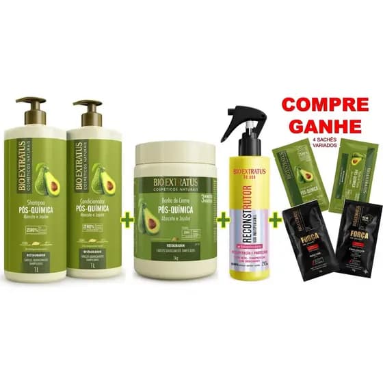 KIT PÓS QUÍMICA BIO EXTRATUS: 1 SH 1L+1 COND 1L+1 BANHO 1KG+ RECONSTRUTOR BE.USE 210ML - 🎁BRINDE🎁