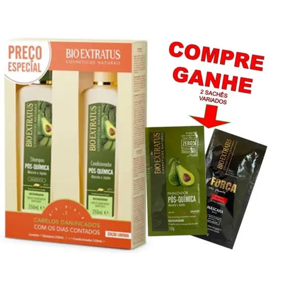 KIT PÓS QUÍMICA BIO EXTRATUS - SH 250ml+COND 250ml + BRINDE 2 SACHÊS