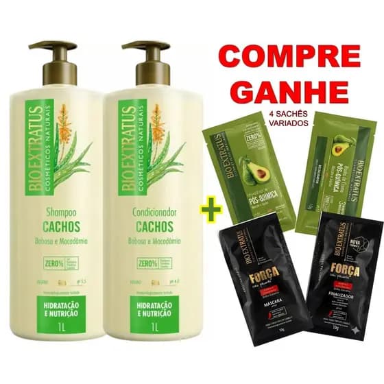 kIT CACHOS 2L BIO EXTRATUS : SH 1L + COND 1L + 🎁BRINDE 4 SACHÊS VARIADOS🎁
