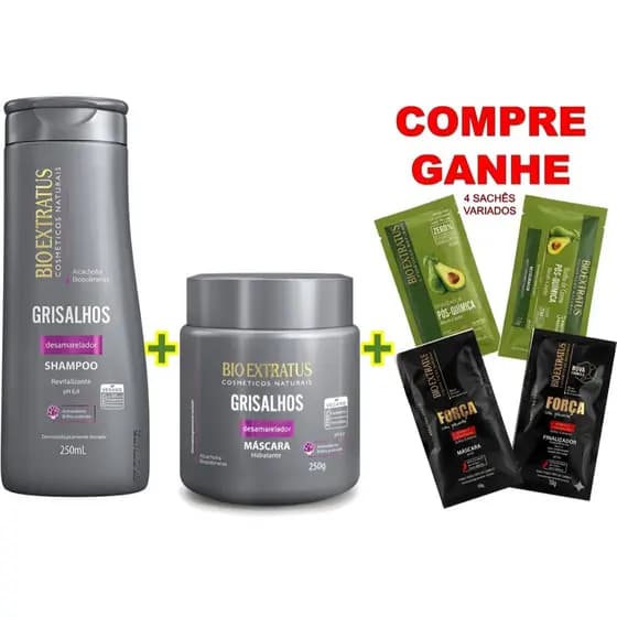 KIT GRISALHOS: SHAMPOO 250mL+MASCARA 250g BIO EXTRATUS +🎁BRINDE 4 SACHÊS VARIADOS🎁