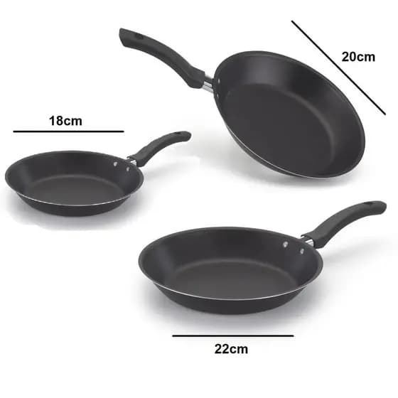 Kit com 3 Frigideiras Francesas Preto nº18 nº20 e nº22 Antiaderente Premium + Espátula