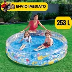 Piscina Inflável Infantil 3 Anéis Transparente 253 Litros Fundo Do Mar Para Crianças, Bebes, Campo, Praia Bem Resistente