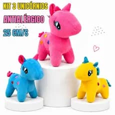 Kit Trio Unicórnios de Pelúcia 25cm Macios Laváveis Antialérgicos Azul Rosa e Amarelo
