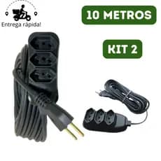 KIT 2 Extensão Elétrica 10 Metros Bivolt com 3 Tomadas 110v 220v Tripolar Alexa Compacta CP