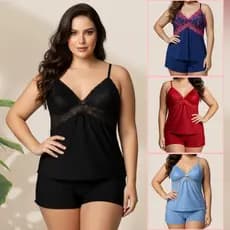 Baby Doll Plus Size Confortável Renda Delicada Short Doll Pijama de Dormir Alça Regulável