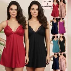 Kit 2 Camisolas Renda Premium Lisa Confortável Delicada Vestido Para Dormir Pijama Alça