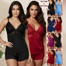 Kit 2 Baby Doll Short Alcinha Renda Delicado Sensual Confortável