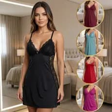 Camisola Confortável Detalhes em Renda Alça Regulável de Metal Pijama Vestido de Dormir Sem Bojo