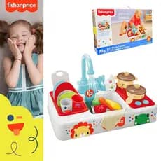 Fisher Minha Primeira Pia de Cozinha, Sistema de ciclo de água corrente, brinquedo de faz de conta com 27 peças