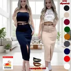 Saia midi alfaiataria com bolso frontal+cinto Elegante e versatil