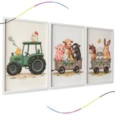 Conjunto de 3 Quadros Decorativos Infantis, Tema Fazendinha com Trator e Animais, Aquarela