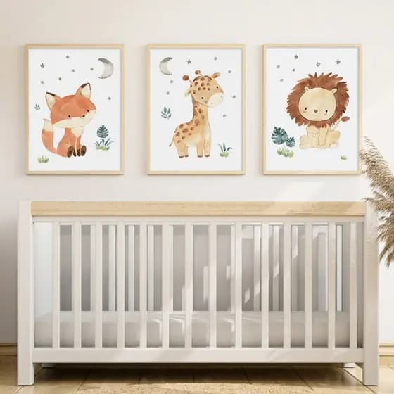 quadro decorativo infantil safari leão girafa raposa fofos 3 peças