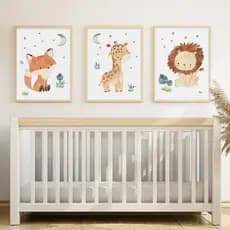 quadro decorativo infantil safari leão girafa raposa fofos 3 peças