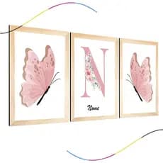 quadro decorativo infantil personalizado borboletinhas cor de rosa fofa menina quarto 3 peças