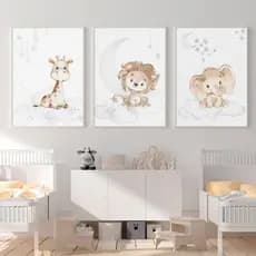 quadro decorativo infantil safari lua estrela leão girafa elefante fofo 3 peças
