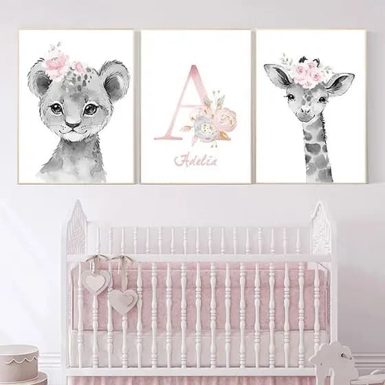 quadro decorativo infantil safari preto e branco bichinhos leoa girafa fofa personalizada 3 peças