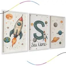 Quadros Decorativos Infantis Astronauta, Foguete e Planetas, Personalizável com Nome, Kit 3 Peças