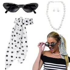 Kit Anos 50 E 60 Fantasia 5 Peças Adulto, Cosplay Colar Óculos Brinco