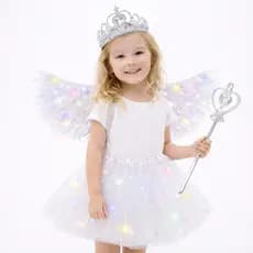 Fantasia De Anjo Infantil Completa Com Led Asa + Saia Ideal Para Carnaval, Festa, Halloween