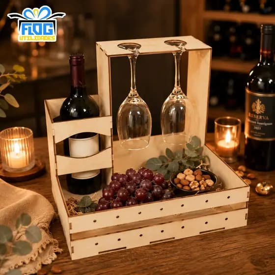 Kit Bandejas para VINHO e TAÇA suporte -  Caixa Cesta de Presente Lembranças - MDF Multiuso Celebre O Amor - Papelaria