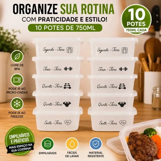 Kit Marmita Fit Semanal 750ml – 10 Potes com Tampa | Marmita para Dieta, Academia, Organização da Semana