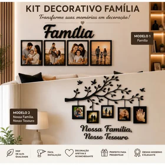 Kit Quadro Decorativo em MDF 10x15– Árvore com Molduras para Fotos de Família + Quadro Frase Familia