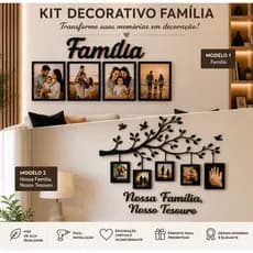 Kit Quadro Decorativo em MDF 10x15– Árvore com Molduras para Fotos de Família + Quadro Frase Familia