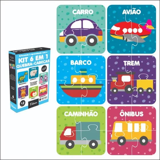 Kit 6 Jogos Quebra Cabeça Meios de Transportes Infantil em madeira Mdf 4 peças(6 unidades) 1 ano