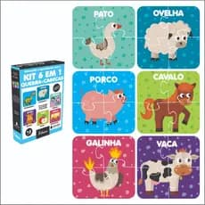 Kit 6 Quebra Cabeça Animais Fazenda Infantil Madeira Com 4 Peças