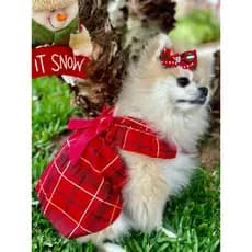 VESTIDO DE NATAL PARA PET CÃES E GATOS, COR XADREZ E COM LAÇO EM STRASS. DISPONÍVEIS NOS TAMANHOS PP, P, M, G.
