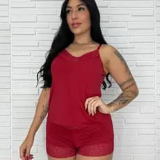 Baby Doll Short Doll de Alcinha Conjunto Feminino em Renda Shortinho Pijama de Calor