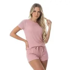 Pijama Baby Doll Feminino Manga Curta e Short Canelado Tecido Premium