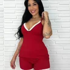 Pijama Canelado Feminino Verão Short Doll Baby Doll com Renda Conforto
