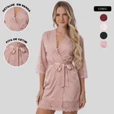 Robe Feminino Transpassado Manga 3/4 em Liganete com Renda Elegante Confortável
