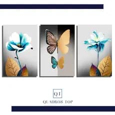 Quadro Decorativo Moderno Flores Abstrata Borboleta Tons Azul Gold Amarelo 3 Pecas 90x50