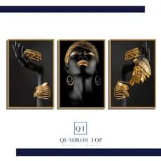 Kit Quadros Decorativos Moderno Luxo Mulher Negra Consciência Negra Tons Preto e Gold 3 Pecas 50x90