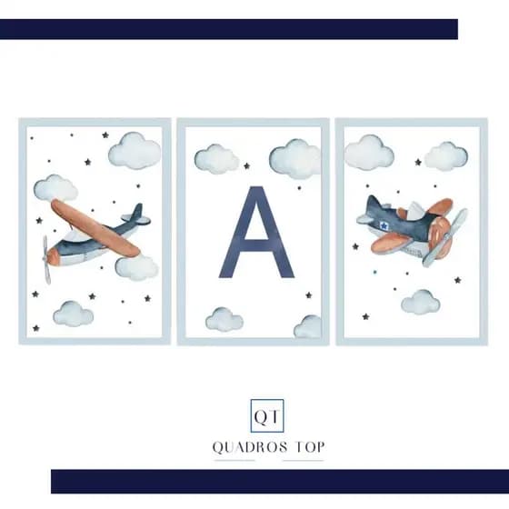 Quadro Decorativo Moderno Parede Quarto Infantil Masculino Letras Personalizadas Tons Azul Aviao