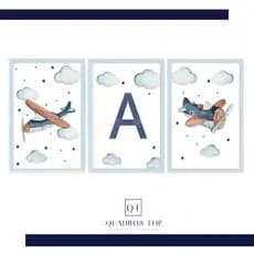 Quadro Decorativo Moderno Parede Quarto Infantil Masculino Letras Personalizadas Tons Azul Aviao