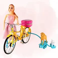 Boneca Ciclista Com Bicicleta E Cachorro Gira 360 Pedala Som Luz Infantil