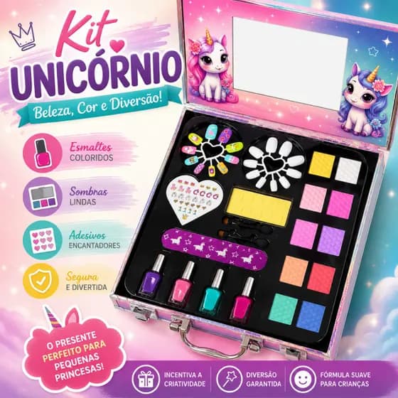 Kit Maquiagem Unicórnio Infantil Completo Maleta de Beleza com Esmalte Lavável Presente Menina
