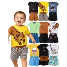 Kit 4 Peças Conjunto Bebê Menino Verão Infantil 2 Camisas e 2 Bermudas Sortido Roupa de Bebê P ao 6 Anos