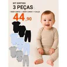 Kit Enxoval Bebê 3 Peças Body Longo Curto e Calça Unissex Menino Menina Algodão Sortido Cores Lindas