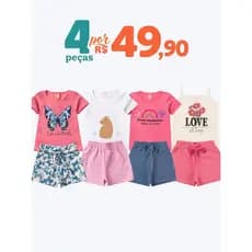 Kit 4 Peças Conjunto Menina Infantil Verão Roupa Menina Casual Algodão P ao 12 Anos  2 Blusas + 2 Shorts Sortido