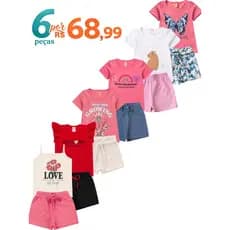 Kit 6 Peças Conjunto Infantil Menina Verão Roupa Menina Algodão Confortável P ao 12 Anos 3 Blusas 3 Shorts Sortido