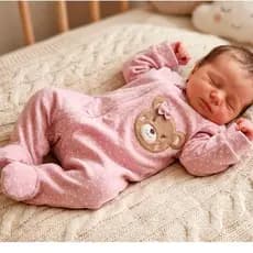 Roupa Bebê Menina Macacão Longo Ziper Malha Kids Ursinha Poá Rosê/Bege/Listrada